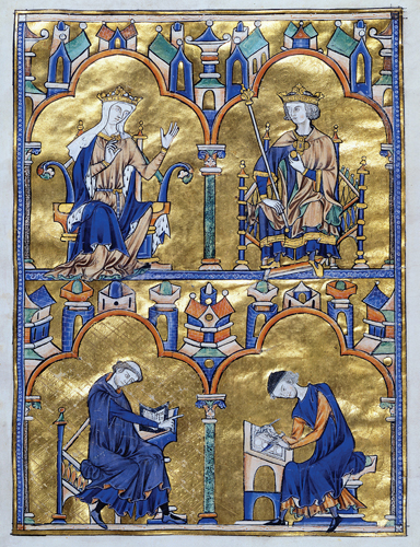 <strong> Who is the female figure in the upper left quarter of this image?</strong> A) Mary Queen of Heaven B) Jeanne Pucelle C) Jeanne d'Evreux D) Blanche of Castile