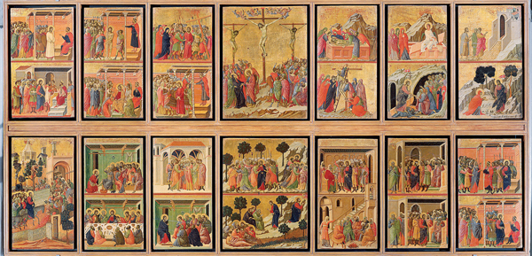 <strong> Who is the painter of the back of the Maestà altarpiece?</strong> A) Giotto B) Martini C) A. Lorenzetti D) Duccio