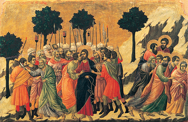 <strong> What is the subject of this panel from the Maestà ?</strong> A) Lamentation B) Entry into Jerusalem C) Money-Changer and His Wife D) Betrayal of Jesus