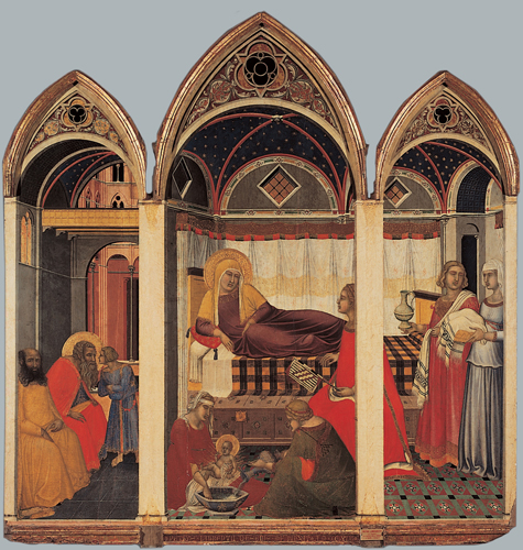 ​   In addition to spatial illusionism, what innovation appears in this painting by Pietro Lorenzetti? A)  Stagelike setting B)  Worldly realism C)  Treatment of drapery D)  Conversing figures
