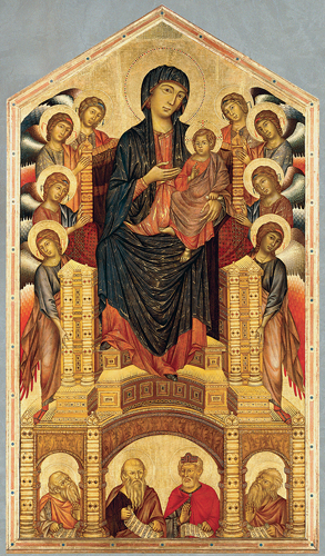 <strong> In which detail of Madonna Enthroned is Cimabue's movement away from the maniera greca most evident?</strong> A) Angel wings B) Lower four figures C) Receding throne D) Mary's gesture