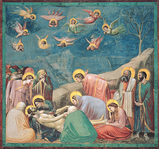 <strong> What technical term do art historians apply to Giotto's treatment of the angels in this fresco?</strong> A) Chiaroscuro B) Contrapposto C) Three-quarter D) Foreshortening