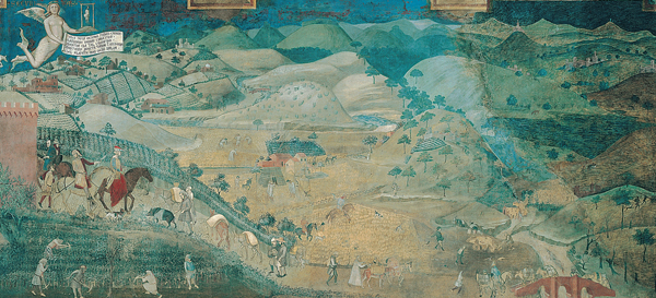 ​   What is the message written on the scroll in the upper left corner of this fresco? A)  A promise of prosperity to those who work hard in their assigned tasks B)  A warning against the harmful effects of avarice and gluttony C)  A warning against the relentless inevitability of death D)  A promise of safety to those who live under the rule of law