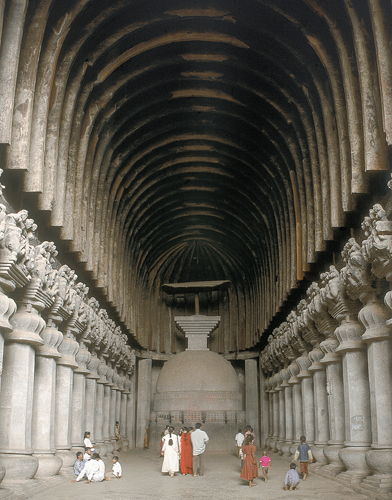 <strong> What is the purpose of a chaitya hall such as this one at Karle?</strong> A) Musical performances B) Shelter for a stupa C) Resting place for a monk D) Private worship of Shiva