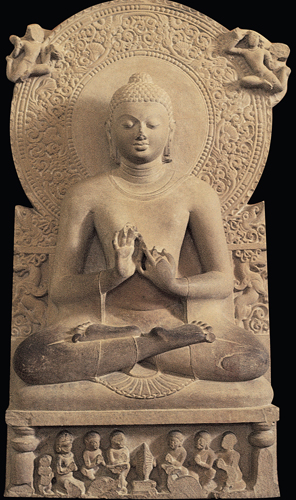​   What event from the life of the Buddha does this figure illustrate? A)  Moment of enlightenment B)  Birth of the Buddha C)  Death of the Buddha D)  First sermon