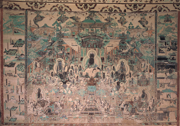 ​   What is the name of the central figure in this artwork? A)  Shakyamuni B)  Amitabha C)  Guanyin D)  Harihara