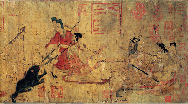​   What is the title of this scene? A)  Shi Huangdi and the Fairy B)  Princess Yongtai and Her Ladies C)  Emperor Huizong and the Cranes D)  Lady Feng and the Bear