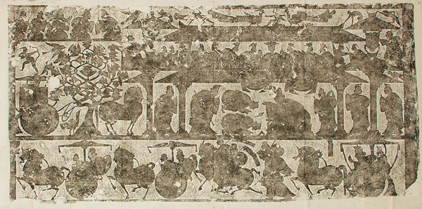 <strong> The ceremonial scenes showing homage and loyalty in this relief from the Wu family shrine are reflections of which belief system in Han society?</strong> A) Buddhism B) Confucianism C) Daoism D) Hinduism