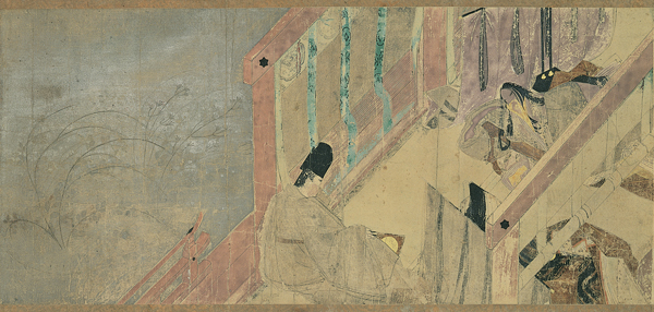 <strong> From which larger work does this scene derive?</strong> A) Legends of Mount Shigi B) The Tale of Genji handscrolls C) Ishiyama-gire D) Events of the Heiji Period