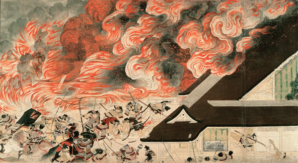 <strong> What is the subject of this ink-and-color handscroll illustration?</strong> A) Legends of Mount Shigi B) Genji Visits Murasaki C) Night Attack on the Sanjo Palace D) Events of the Heiji Period