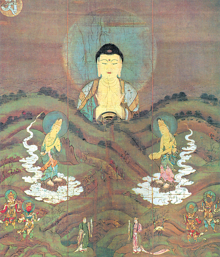 <strong> What is the subject of this scene on a hanging scroll?</strong> A) Priest Kuya Preaching B) Diamond World C) Birth of the Buddh a D) Amida Descending over the Mountains