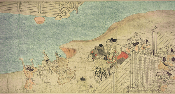 ​   What is the title of the narrative work from which this illustration is drawn? A)  Tale of Genji B)  Legends of Mount Shigi C)  Thirty-Six Immortal Poets D)  Events of Heiji Period