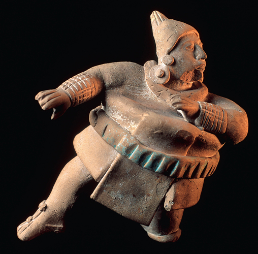 <strong> What activity is this figure taking part in?</strong> A) Bloodletting B) Playing ball C) Dancing D) Weaving