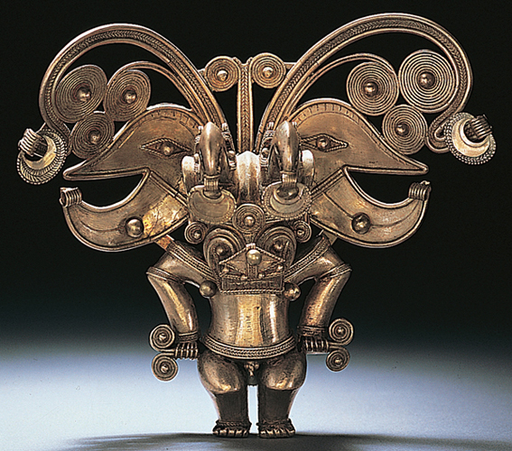 <strong> What is the subject of this Tairona gold pendant?</strong> A) Shield Jaguar B) Lord Pakal C) Feathered-serpent god D) Bat-faced man