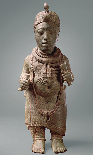 <strong> What material makes up this Ife ruler portrait?</strong> A) Terracotta B) Zinc-brass C) Sandstone D) Cotton thread