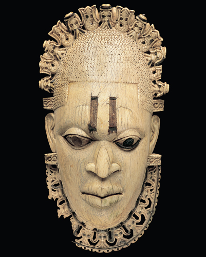 <strong> What is the material of this pendant of Queen Mother Idia?</strong> A) Wood B) Copper-bronze C) Ceramic D) Ivory