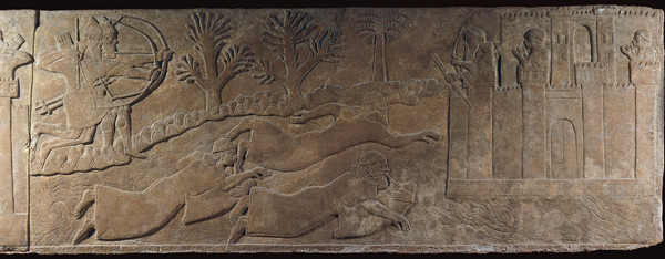 <strong> What is the story told by this relief?</strong> A) Alexander destroys the palace at Persepolis. B) Archers defend the ziggurat at Ur. C) Sumerians drive the Elamites into the Tigris River. D) Assyrians drive enemy forces into the Euphrates River.