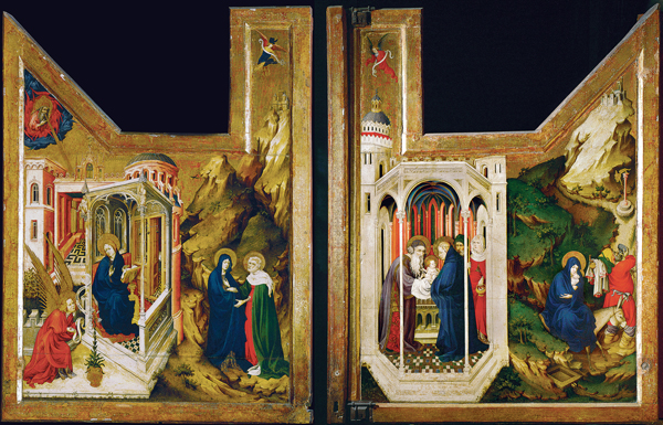 <strong> What artwork appears in this image?</strong> A) Isenheim Altarpie ce closed B) Ghent Altarpiece closed C) Ghent Altarpiece open D) Retable de Champmol closed