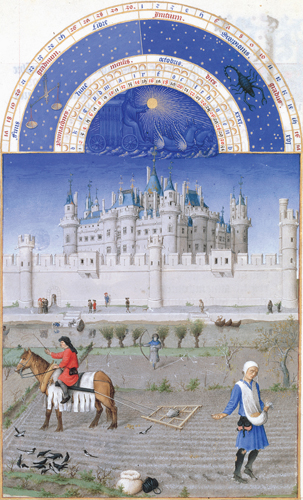 ​   The activities of which month appear on this page from Les Très Riches Heures ? A)  January B)  March C)  October D)  May