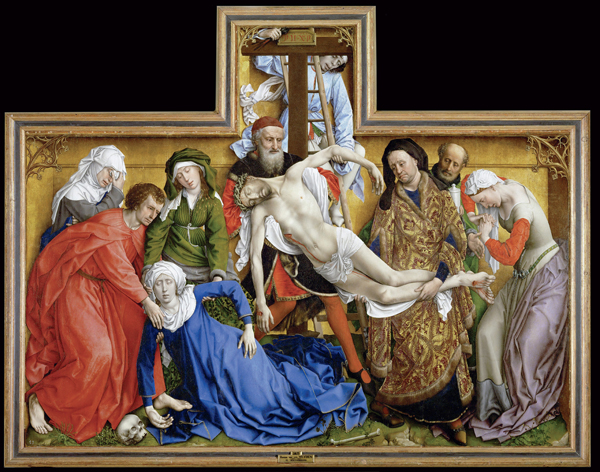 <strong> What has Rogier van der Weyden painted this panel to resemble?</strong> A) Stained glass B) Tapestry C) Relief carving D) Mosaic