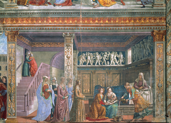 <strong> Which artist painted a cycle of frescoes, including the scene in this image, for the choir of Santa Maria Novella?</strong> A) Mantegna B) Perugino C) Ghirlandaio D) Botticelli