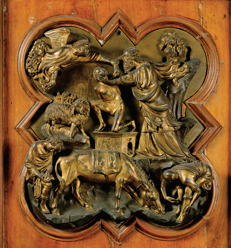 <strong> Which description best describes the work shown here?</strong> A) Door panel, Siena Cathedral B) Competition panel, San Giovanni C) Door panel, Saint Peter's, Rome D) Competition panel, Santa Croce