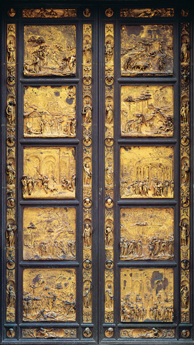 <strong> Which artist designed and created the doors of the Baptistery of San Giovanni?</strong> A) Donatello B) Ghiberti C) Brunelleschi D) Pollaiuolo