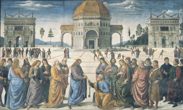 <strong> Which artist painted Christ Delivering the Keys of the Kingdom to Saint Peter?</strong> A) Mantegna B) Signorelli C) Perugino D) Botticelli