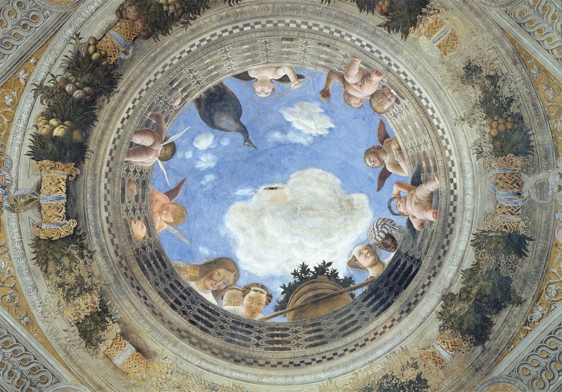 <strong> What art historical term is used to describe the perspective effect achieved by Mantegna in this ceiling painting?</strong> A) Sacra conversazione B) Chiaroscuro C) Quadratura D) Di sotto in sù