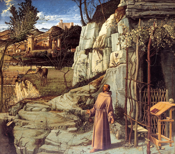 <strong> In what medium did Giovanni Bellini paint Saint Francis in the Desert ?</strong> A) Oil on wood B) Tempera on linen C) Pigment on wet plaster D) Oil and tempera on wood
