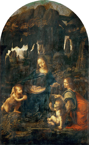 ​   What characteristic compositional technique does Leonardo use to unite the figures in Madonna of the Rocks ? A)  Diagonal grouping B)  Pyramidal grouping C)  Circular form D)  Foreground line