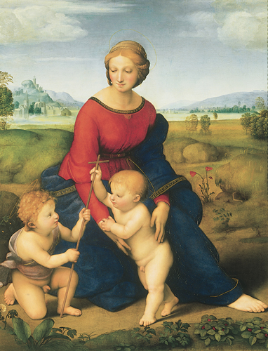 <strong> In works such as Madonna in the Meadow , Raphael has clearly adopted Leonardo's use of pyramidal composition for his own work but rejected what interest of Leonardo?</strong> A) Bright color palette B) Illuminated landscape C) Statuesque figures D) Heavy chiaroscuro