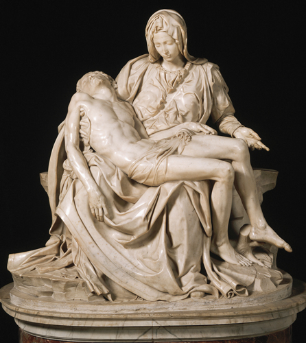 <strong> Which aspect of Michelangelo's Pietá caused controversy at the time it was created?</strong> A) Image of deceased Jesus B) Mary's apparent youth C) Use of marble for statue D) Smaller relative size of Jesus