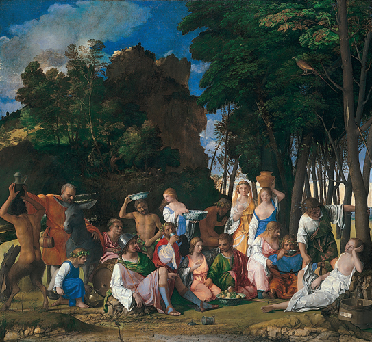 <strong> Bellini's Feast of the Gods is said to have an Arcadian theme, meaning that it is what?</strong> A) Concerned with festive dancing and revels B) Set in a rugged and mountainous landscape C) Set in a scene of idyllic simplicity and rustic beauty D) Centered around food and feasting activities