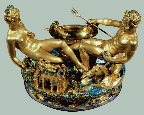 <strong> Who are the two figures shown on Cellini's saltcellar?</strong> A) Adam and Eve B) Neptune and Venus C) Neptune and Tellus D) Dido and Aeneas