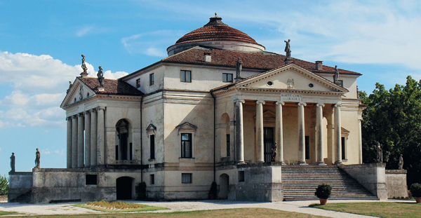 ​   What typical Palladian architectural element is NOT present in his most famous villa, Villa Rotonda? A)  Pantheon-like central dome B)  Wings of subsidiary buildings C)  Four identical facades D)  Roman temple-like porches