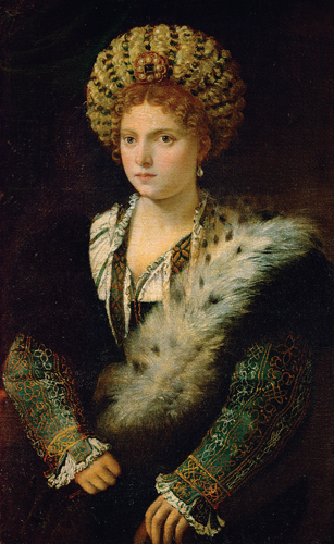 <strong> Which female art patron is depicted in this painting by Titian?</strong> A) Caterina Sforza B) Lucrezia Tornabuoni C) Properzia de' Rossi D) Isabella d'Este