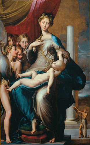 <strong> Which of the following characteristics of Parmigianino's painting of the Madonna is NOT a Mannerist element?</strong> A) Long and slender neck B) Sinuous body and small head C) Downward gaze and full drapery D) Attenuated hands
