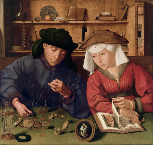 ​   Which of the following everyday objects depicted in Money-Changer and His Wife is NOT a symbol of religion commonly appearing in Netherlandish art? A)  Candlestick B)  Jar with water C)  Rosary D)  Gold coins
