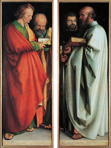 ​   Dürer shows his support for Protestant reforms by minimizing the presentation of which saint in this painting he made for the Nuremberg city hall? A)  Saint John the Evangelist B)  Saint Paul C)  Saint Mark D)  Saint Peter