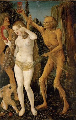 <strong> Baldung's oil painting Three Ages of Woman and Death is a commentary on both the inevitability of death and what?</strong> A) Greed B) Nudity C) Vanitas D) Marriage