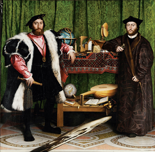 <strong> In The French Ambassadors , Holbein has painted the two French ambassadors to England through the lens of which school of thought?</strong> A) Protestantism B) Rationalism C) Hermeticism D) Humanism