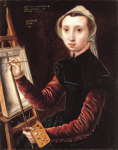 ​   This first-known self-portrait of a woman artist is by which painter? A)  Levina Teerlinc B)  Lavinia Fontana C)  Catherine of Bologna D)  Caterina van Hemessen