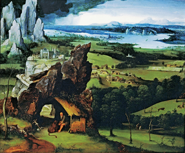 <strong> Which saint's story does Joachim Patinir subordinate to a wide and detailed landscape depiction in this painting?</strong> A) Saint Paul B) Saint Anthony C) Saint Jerome D) Saint Giles