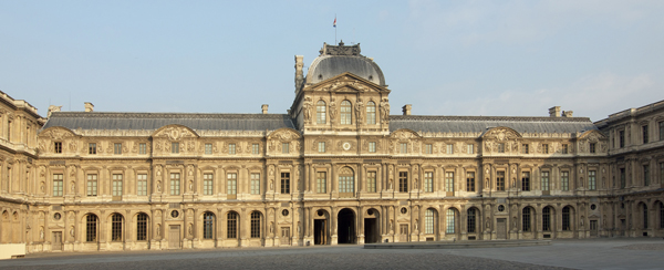 <strong> Which component of the Cour Carrée of the Louvre can be considered a northern European feature rather than a reflection of Italian Renaissance architectural models?</strong> A) Precisely aligned windows B) Steep roof and large windows C) Curved and angular pediments D) Arcading on the ground story