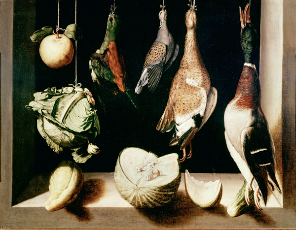 <strong> Which artist painted a series of still lifes that he described as offerings to the Virgin, probably a reference to Mary as the source of spiritual food for the faithful?</strong> A) Juan Martínez Montañés B) Francisco de Zurbarán C) Juan Sánchez Cotán D) José de Ribera