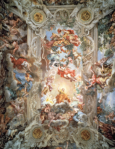 <strong> Which painter deployed the drama and majesty offered by the height and scale of a ceiling fresco to glorify the Barberini family in Triumph of the Barberini ?</strong> A) Guido Reni B) Giovanni Battista Gaulli C) Fra Andrea Pozzo D) Pietro da Cortona