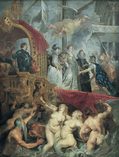 ​   Which figure is the personification of France in Rubens's Arrival of Marie de' Medici at Marseilles ? A)  Gesturing man with gray beard in the sea B)  Bearded soldier in black with sword C)  Flying angel in white with trumpets D)  Helmeted soldier in blue cape