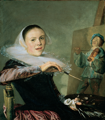 ​   What type of scene is Judith Leyster in the process of painting in her Self-Portrait ? A)  Landscape B)  Genre scene C)  Portrait D)  Still life
