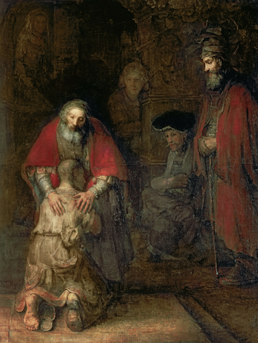 <strong> In his painting Return of the Prodigal Son , where does Rembrandt choose to focus the light?</strong> A) On the face of the returning son B) On the face of the mother watching C) On the face of the forgiving father D) On the face of the seated witness